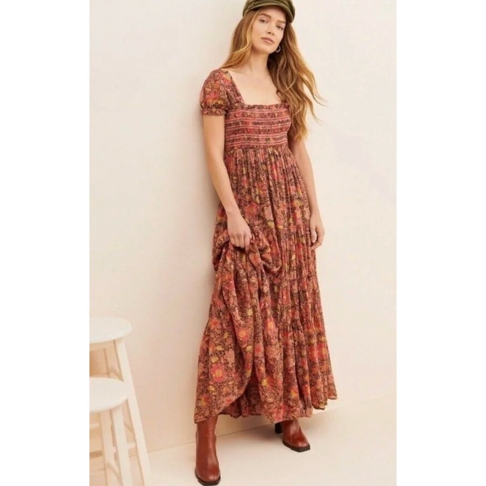 FREE PEOPLE Getaway Maxi Dress Red Floral Smocked Puff Sleeve Women's Size XS